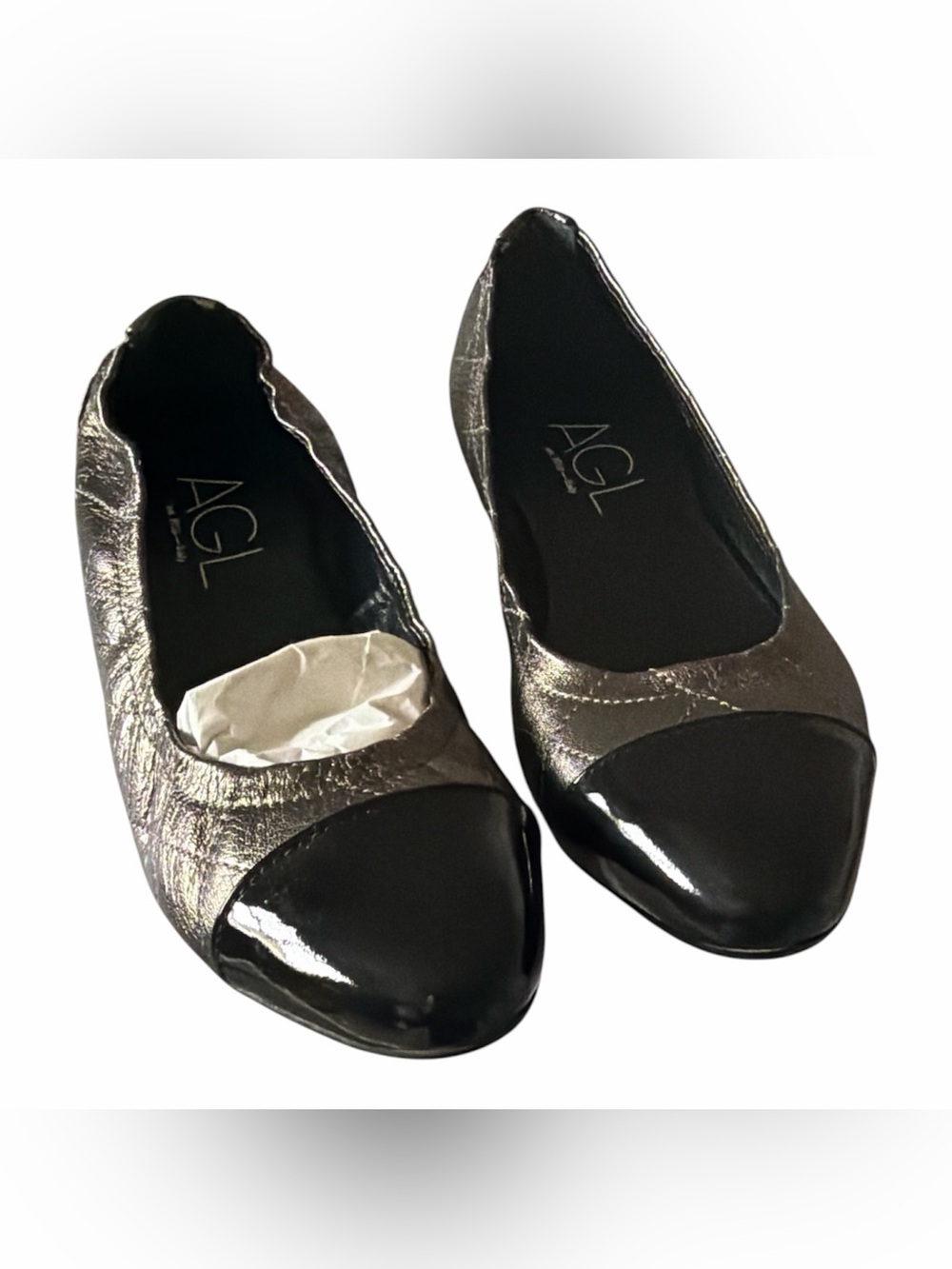 AGL Black Patent Cap-Toe Metallic Gray Ballet Flats
